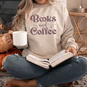 Books And Coffee Unisex Pullover Fleece Lined Crew Neck Graphic Sweatshirt